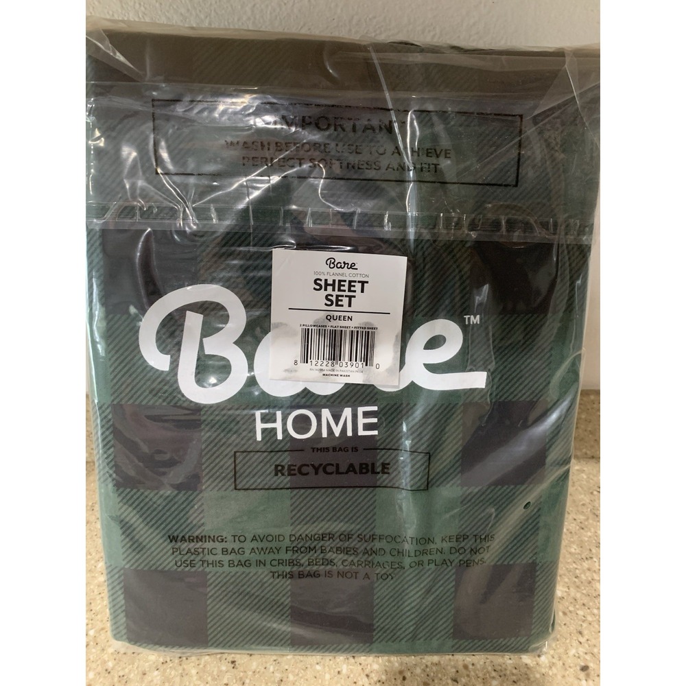 New, Bare Home Queen 100% Cotton Flannel 4 Pc Sheet Set Green Buffalo Plaid